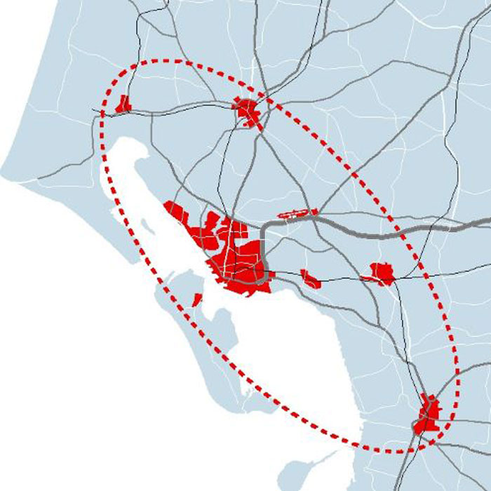 Storbyregionen er afgrænset som det mest bymæssige område med den største befolkningskoncentration i Sydvestjylland.